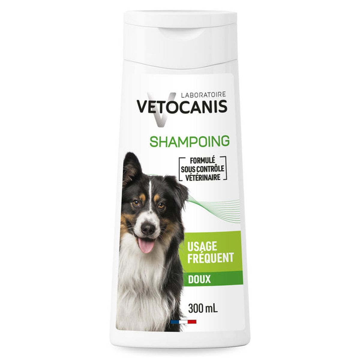Vetocanis Hundeshampoo Flasche mit Hundefoto. Für häufigen Gebrauch.