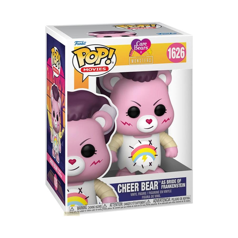 Funko Pop! Cheer Bear como Novia de Frankenstein en caja, oso rosa con pelo morado.