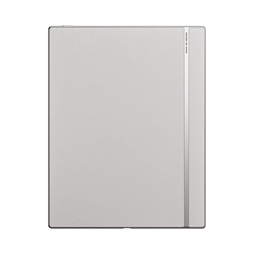 Una copertina grigia testurizzata per e-reader con una striscia argentata verticale e testo BOOX GO SERIES.