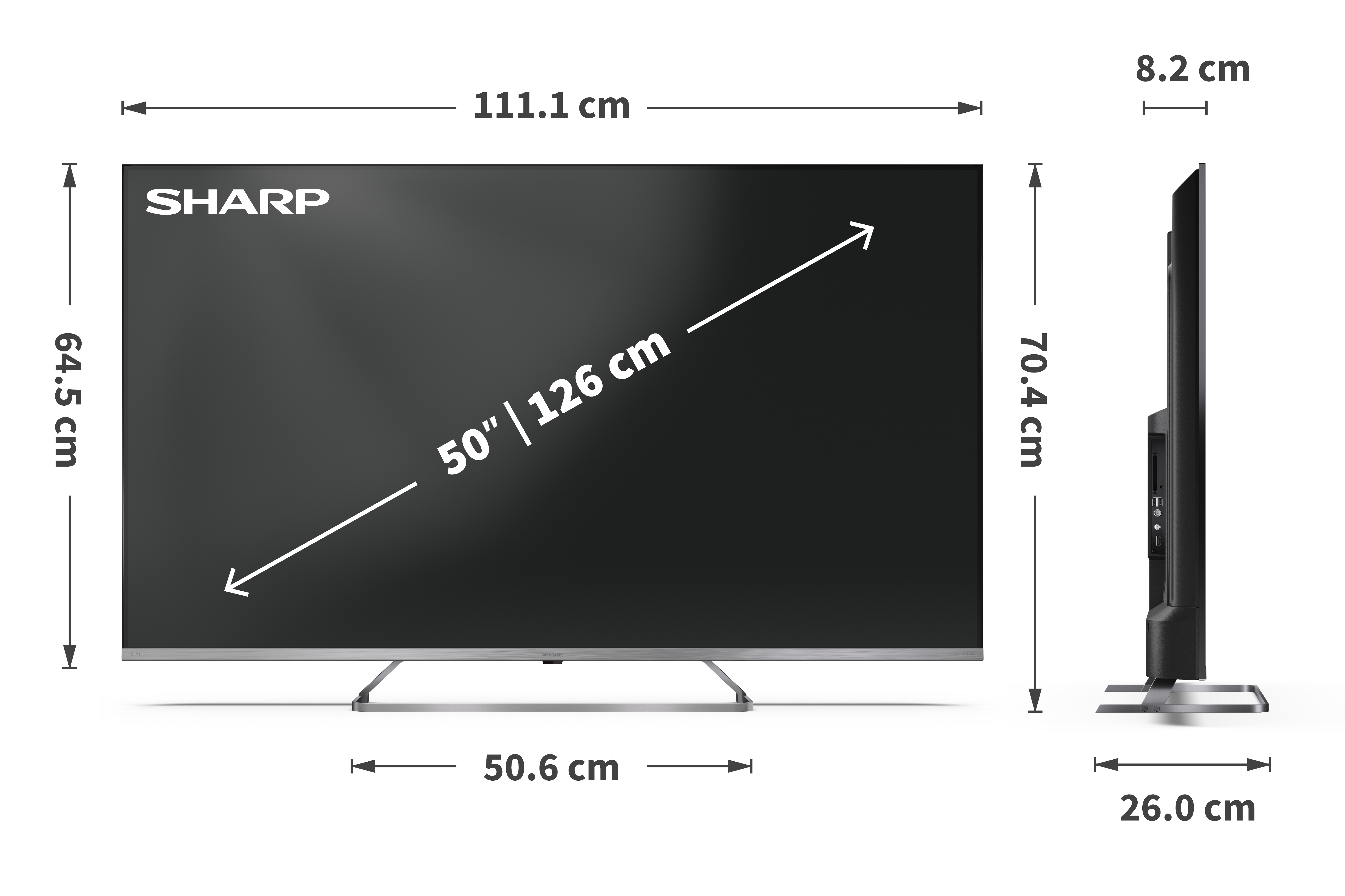 Sharp 50-Zoll-Fernseher mit Maßen 111,1x64,5x8,2 cm.