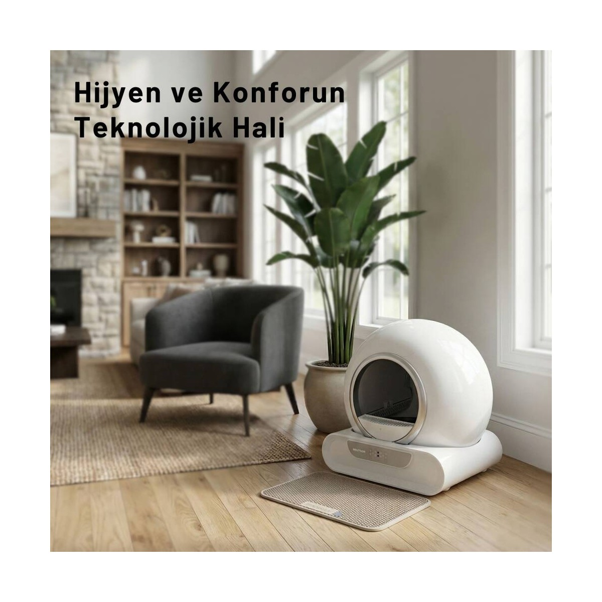 Beyaz otomatik kedi tuvaleti büyük bir saksı bitkisinin yanında.
