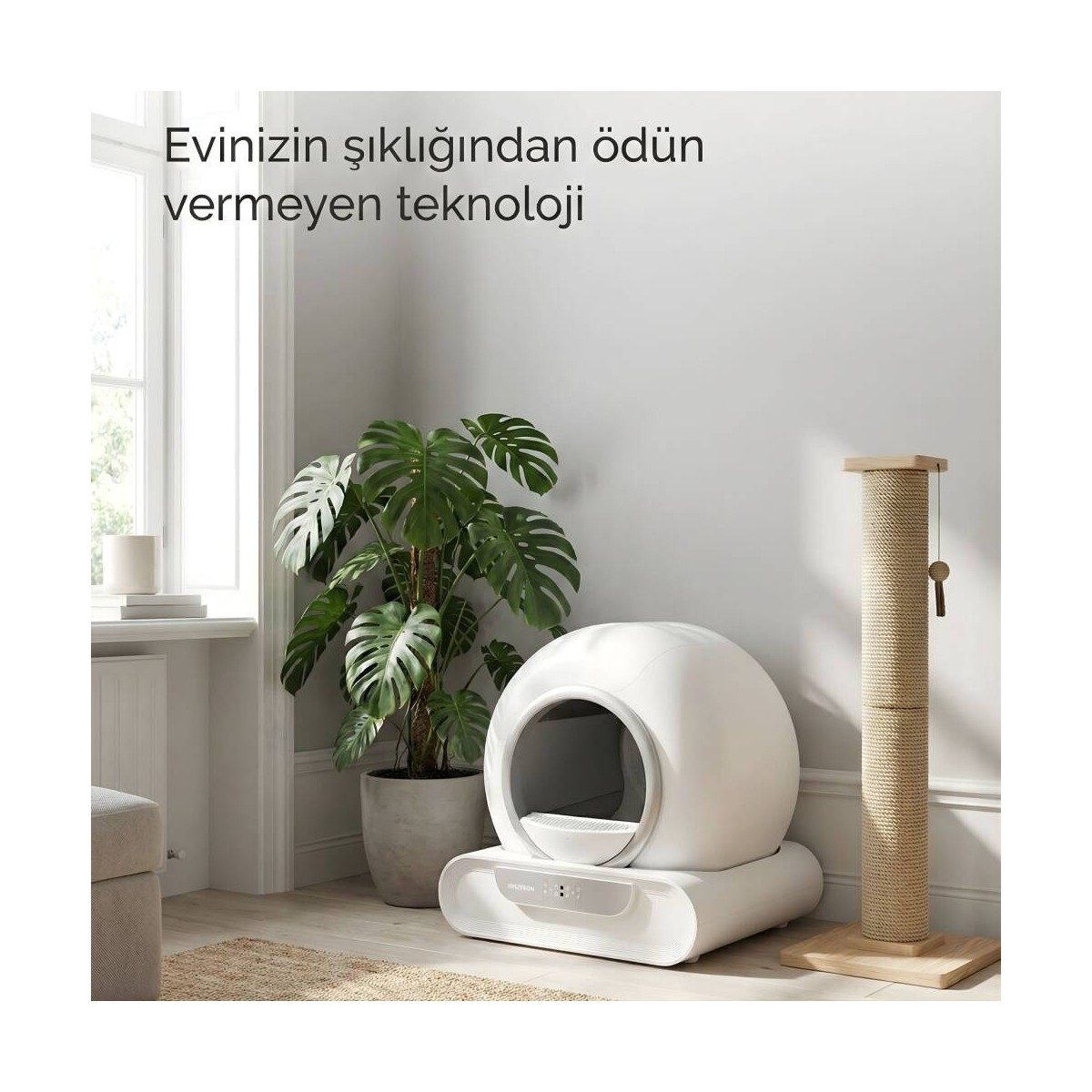 Büyük saksı bitkisi ve kedi tırmalama direğinin yanında fütüristik beyaz kedi tuvaleti.