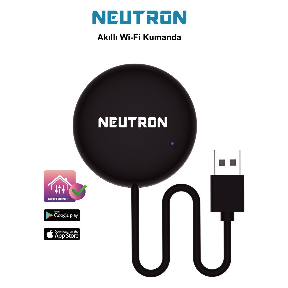 Siyah yuvarlak Neutron Akıllı Wi-Fi Hub kablolu ve USB bağlantılı.