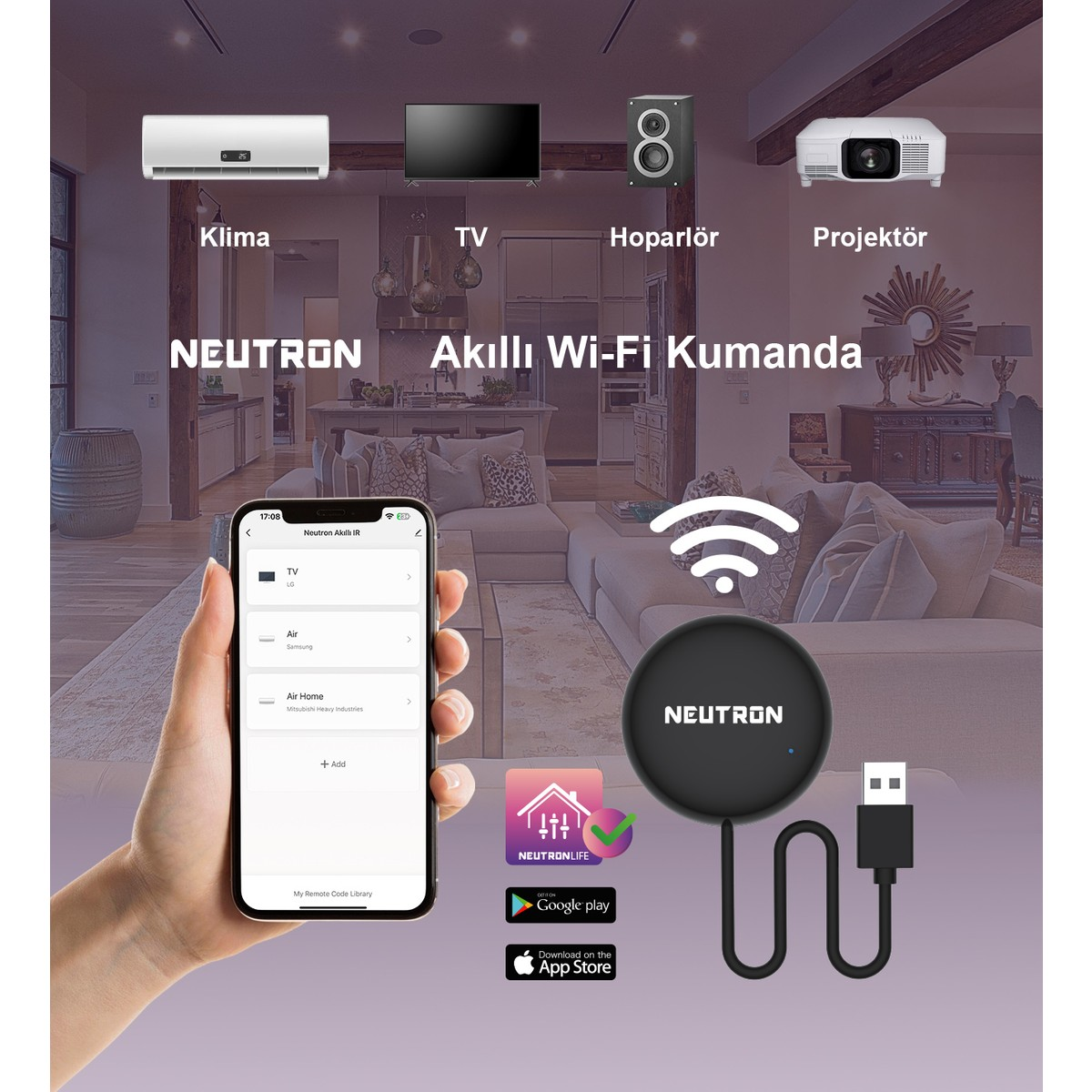 Bir akıllı telefon uygulama gösteriyor; yanında Wi-Fi sembollü siyah Neutron hub.