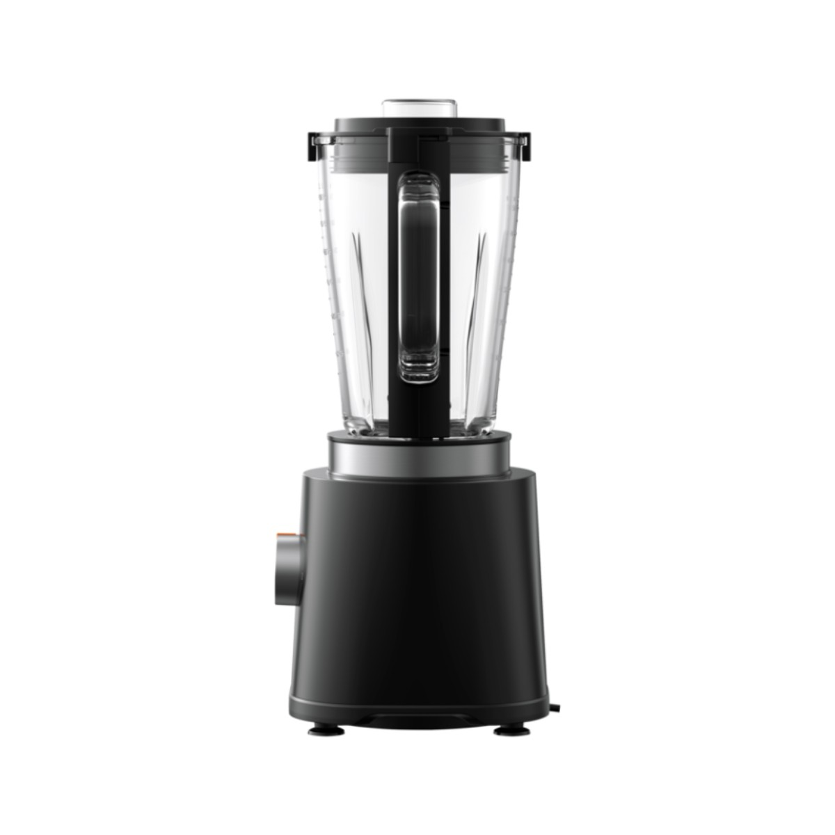Şeffaf sürahi ve gümüş halkalı siyah blender.