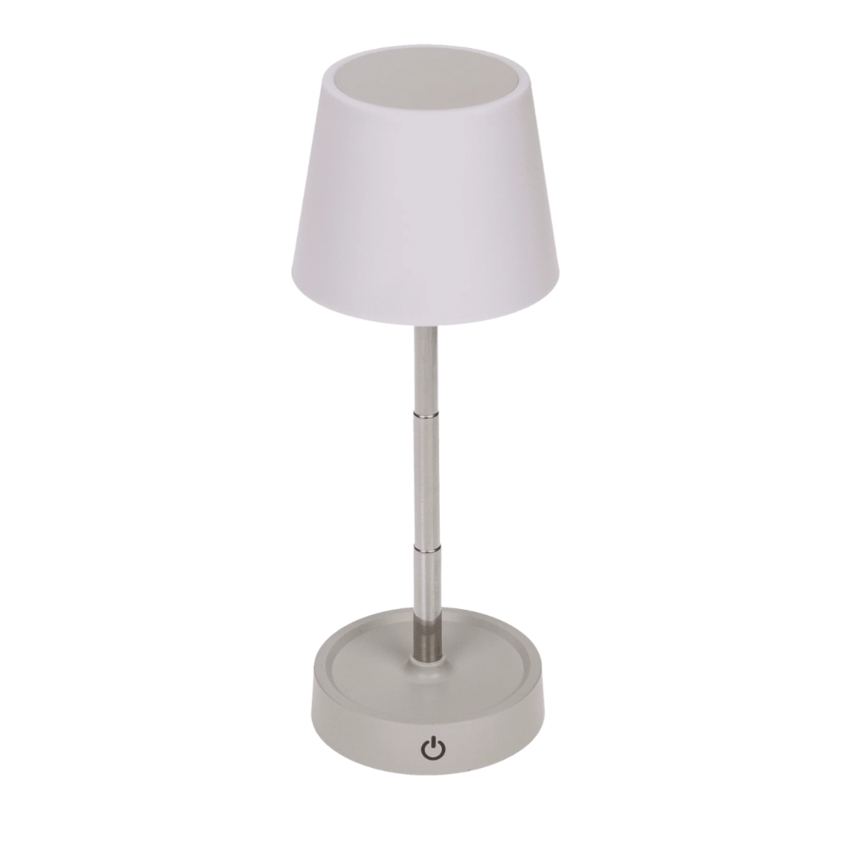 Grey lamp with white shade and power symbol on the base.