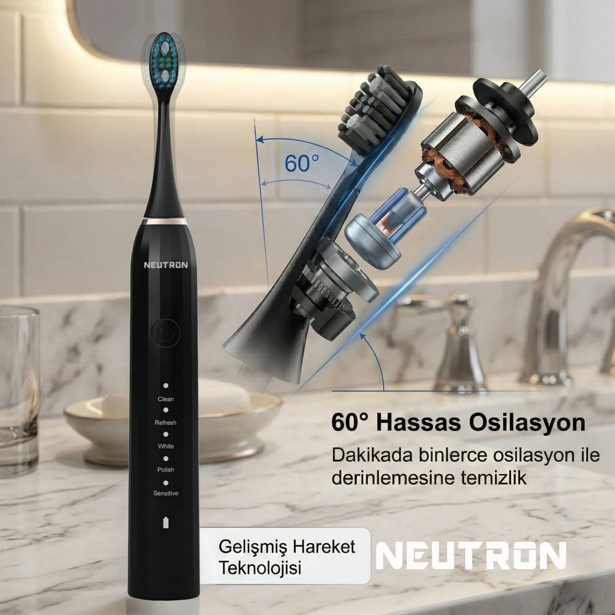 60 derece salınımlı siyah elektrikli diş fırçası ve teknoloji detayları.
