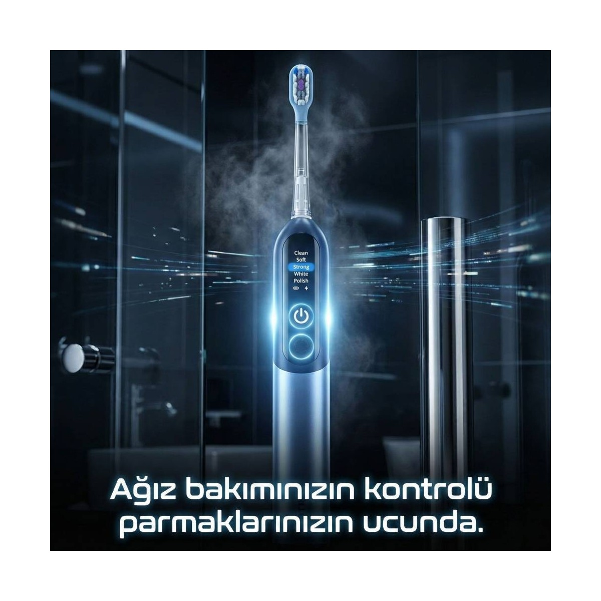 Parlayan ekranlı mavi elektrikli diş fırçası buharlı bir duşta duruyor.