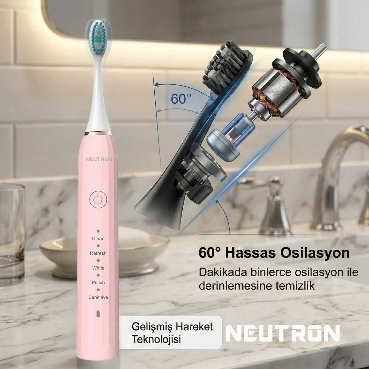 60° salınım ve teknoloji detaylarını gösteren pembe Neutron elektrikli diş fırçası.