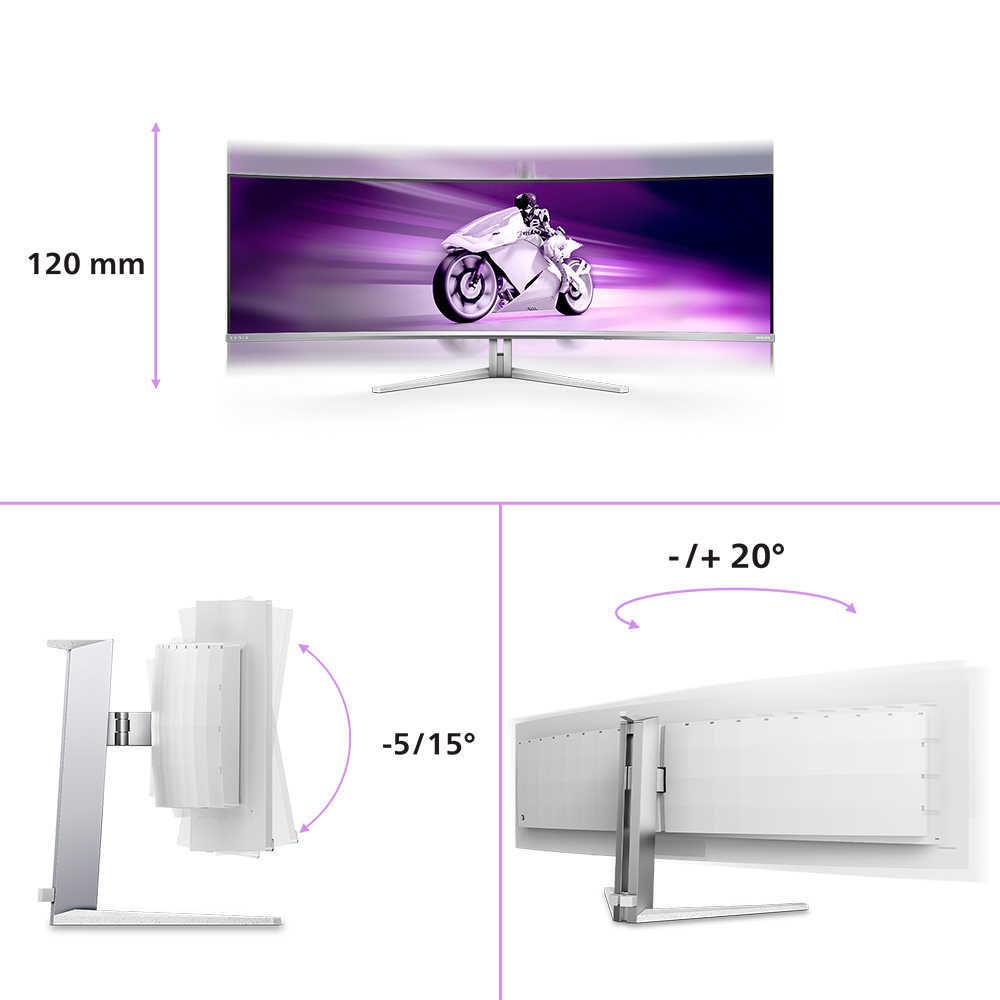 Zakrzywiony monitor z obrazem motocykla. Podstawa pokazuje kąty nachylenia.