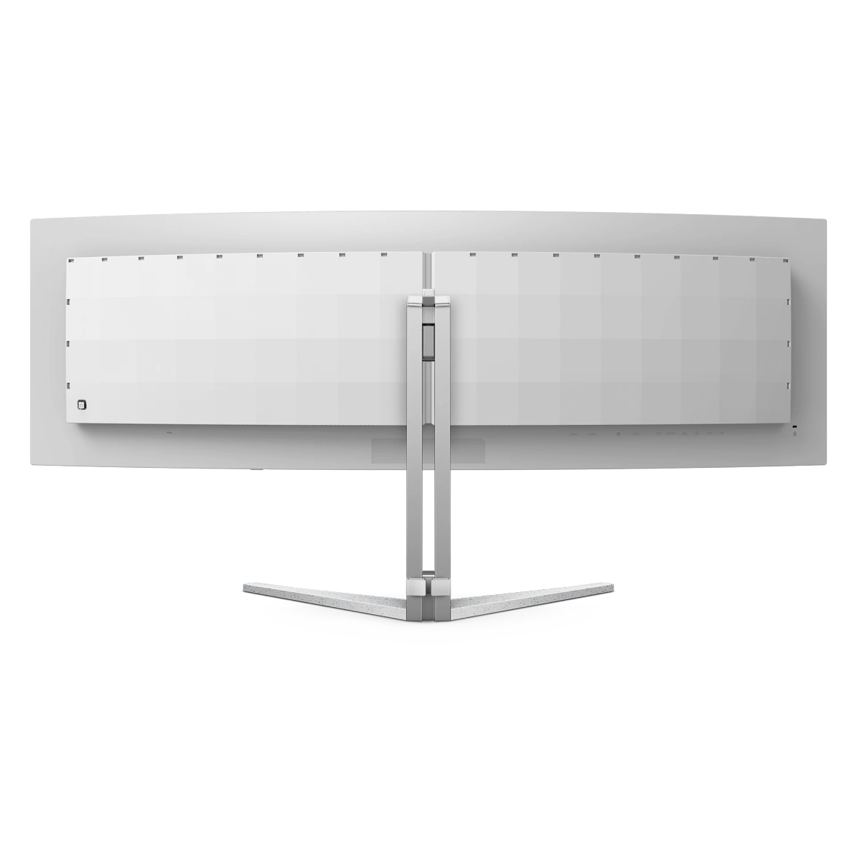 Widok z tyłu szerokiego, białego monitora ze srebrną podstawą na białym tle.