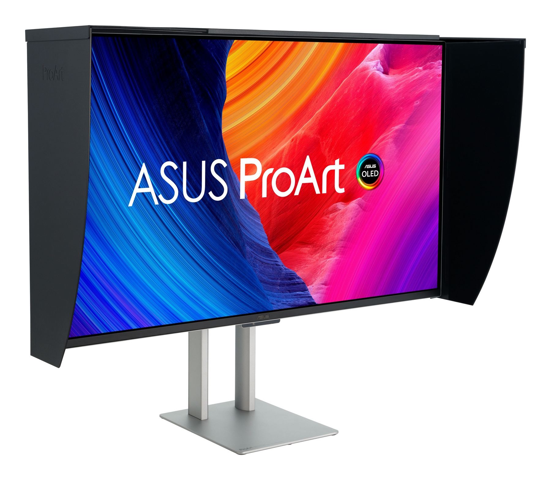Monitor ASUS ProArt OLED z tapetą gradientową i osłoną przeciwsłoneczną.