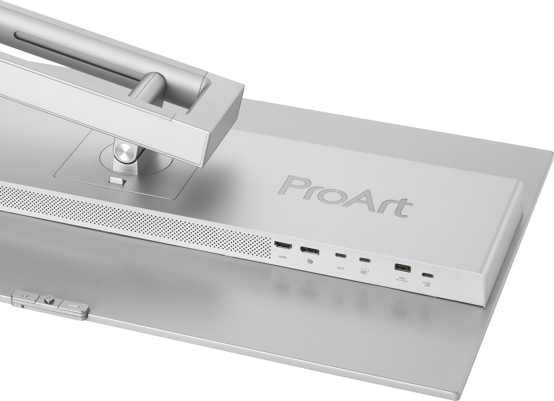 Srebrny tył monitora z portami: HDMI, USB-C, USB-A. Widoczne logo ProArt.