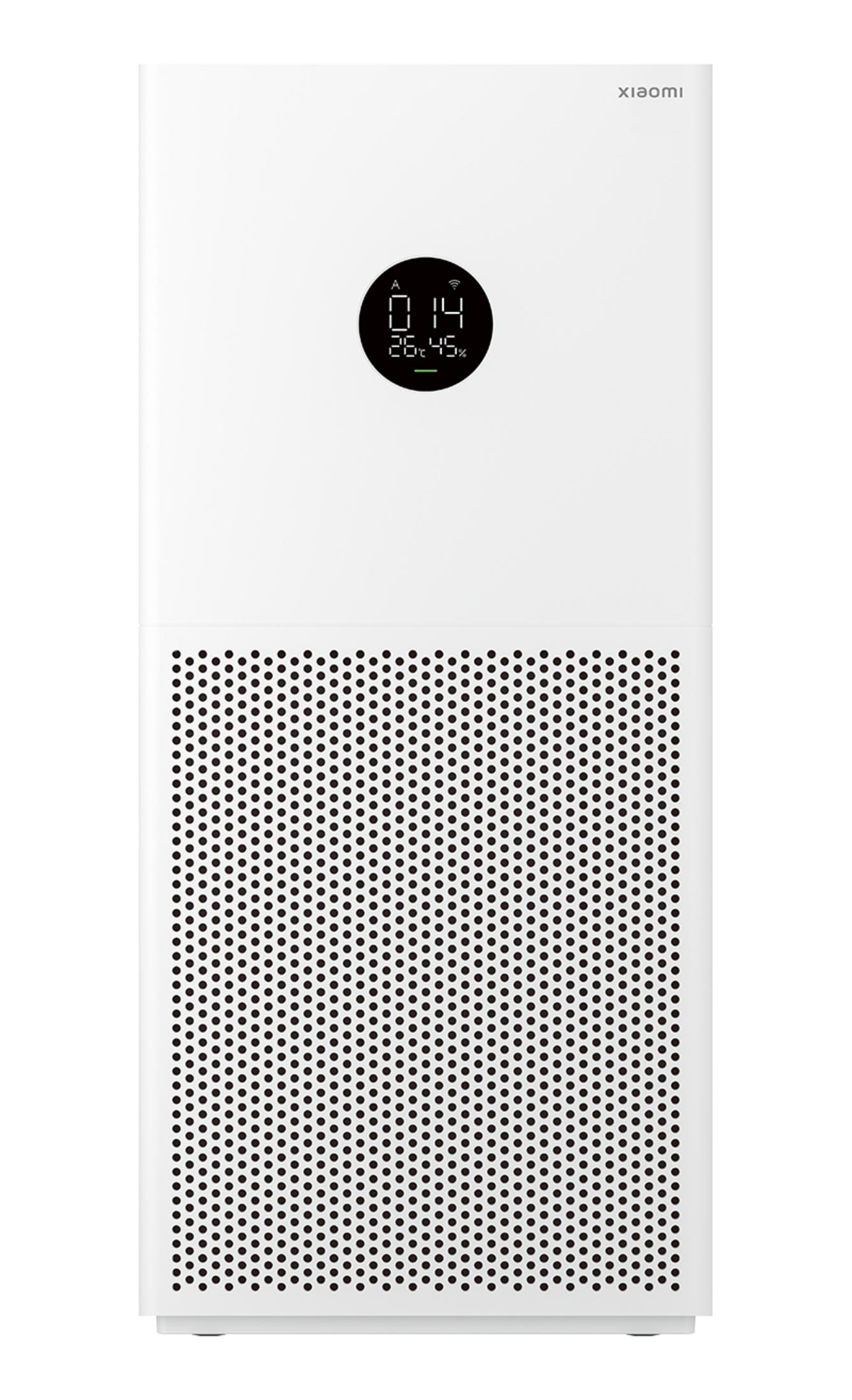 Bia oczyszczacz powietrza Xiaomi z cyfrowym wywietlaczem pokazuje 14, 26 stopni i 45%.
