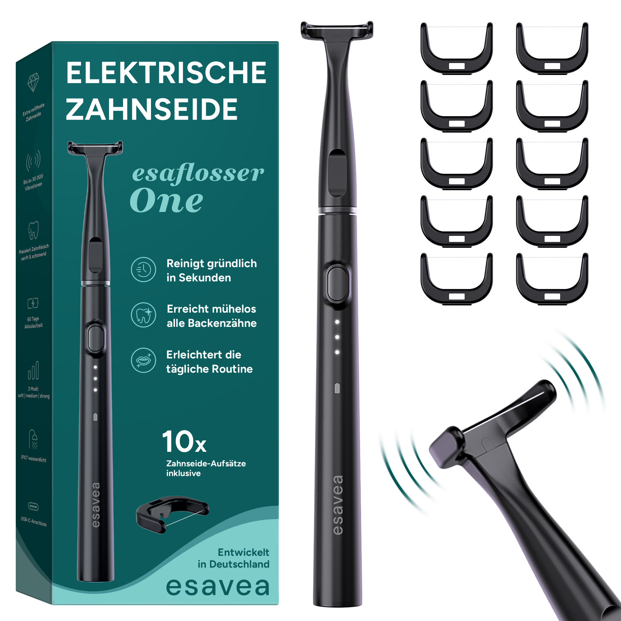 Elektrische Zahnbürste mit 10 Aufsätzen, Ladeanschluss und Vibrationssymbolen.