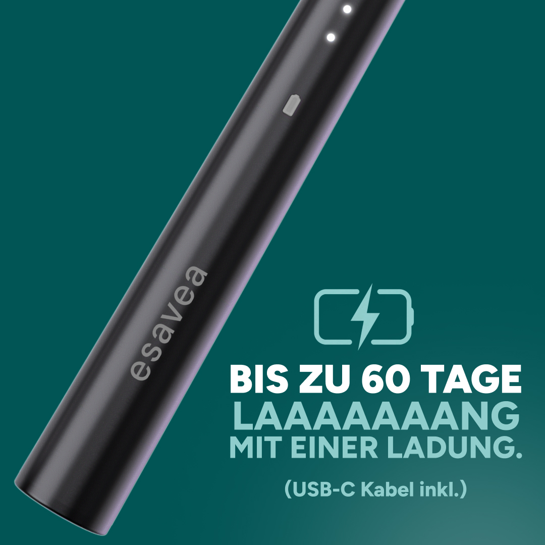 Schwarzer Stab mit "esavea" Logo, Ladeanzeige & "60 Tage" Text.