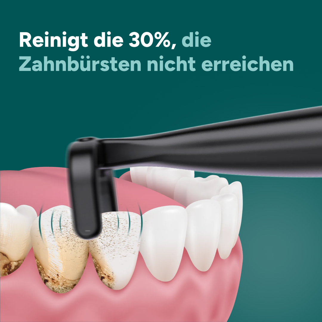 Ein schwarzes Reinigungsgerät reinigt stark verfärbte Zähne.