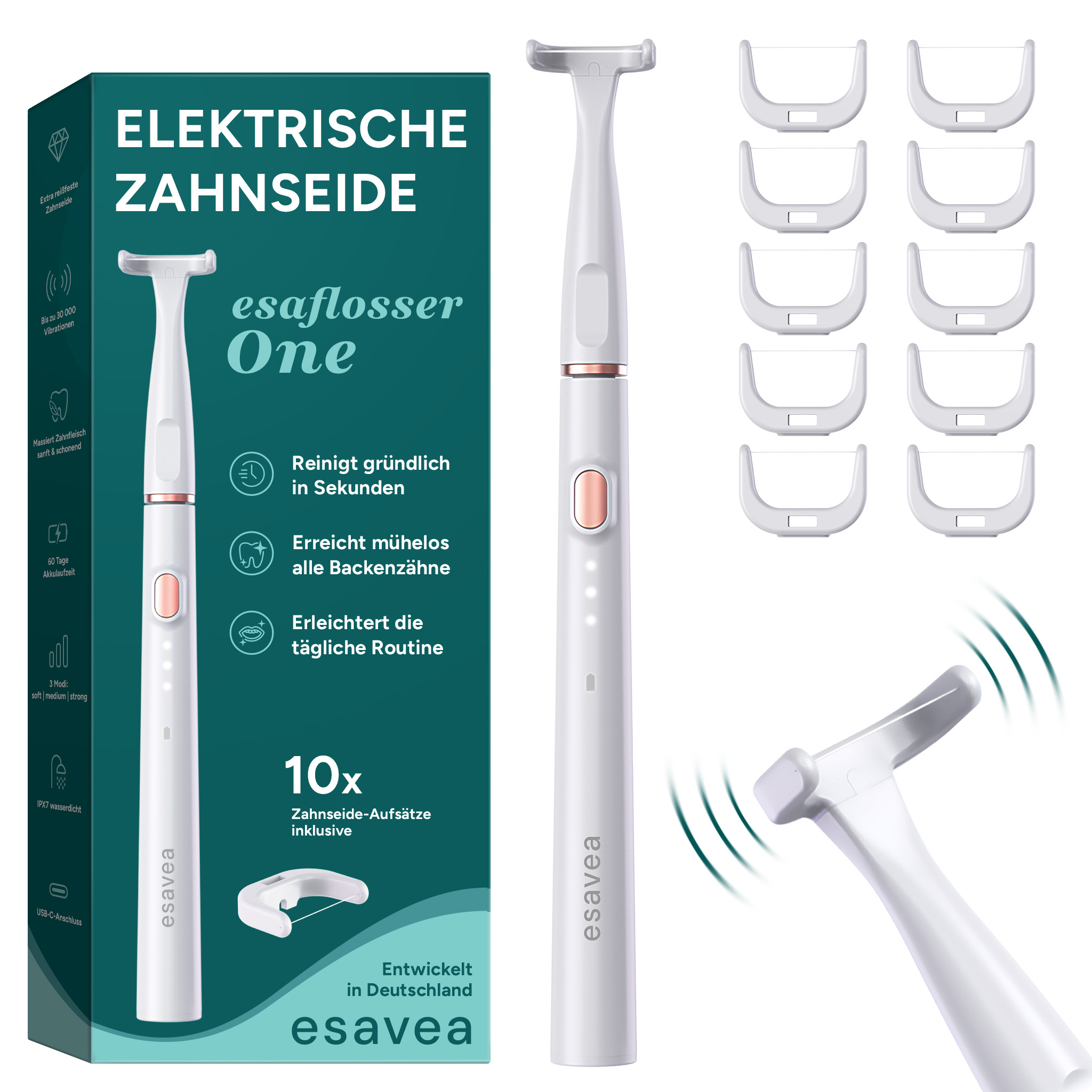 Weiße elektrische Zahnbürste mit Aufsätzen und Text auf Deutsch, auf weißem Hintergrund.