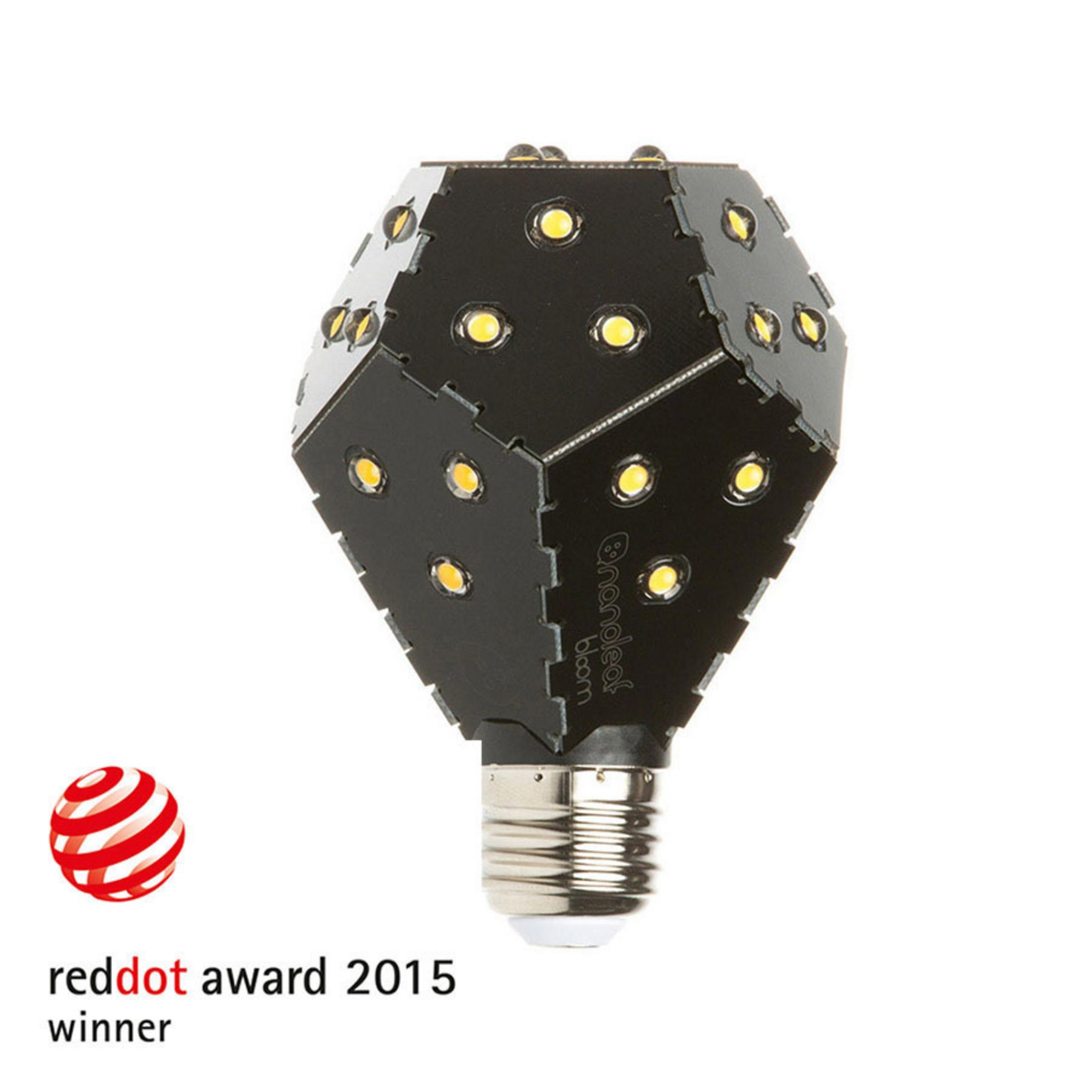 Czarna, fasetowana żarówka LED z żółtymi światłami i gwintowaną podstawą.