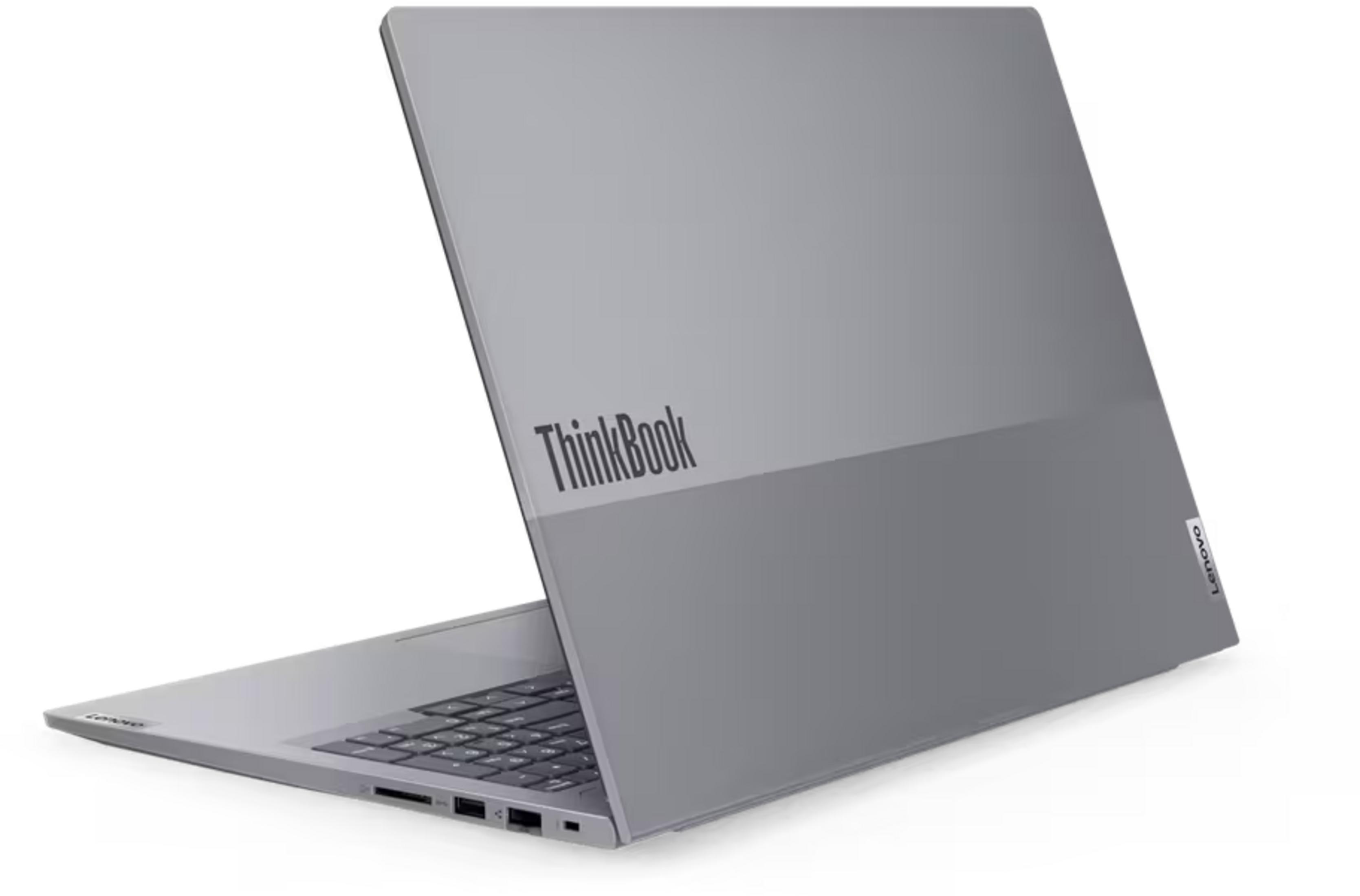 Ein graues Lenovo ThinkBook Laptop ist geöffnet und steht auf einem weißen Hintergrund.
