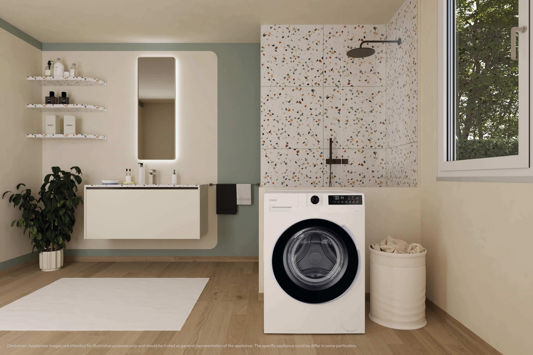 Bagno moderno con lavatrice, lavandino e doccia.