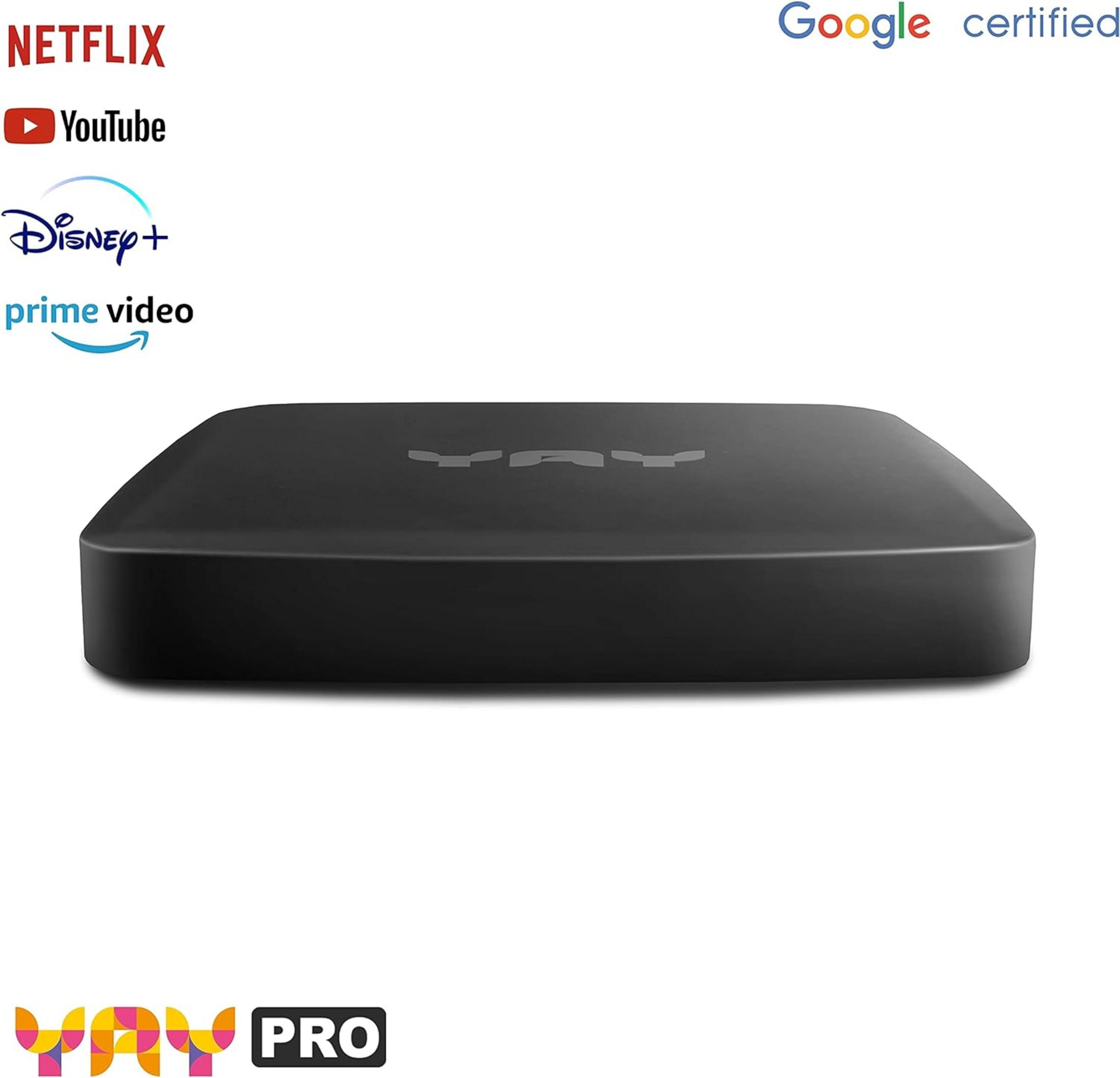 Schwarzes Streaming-Gerät mit Netflix-, YouTube-, Disney+- und Prime Video-Logos.