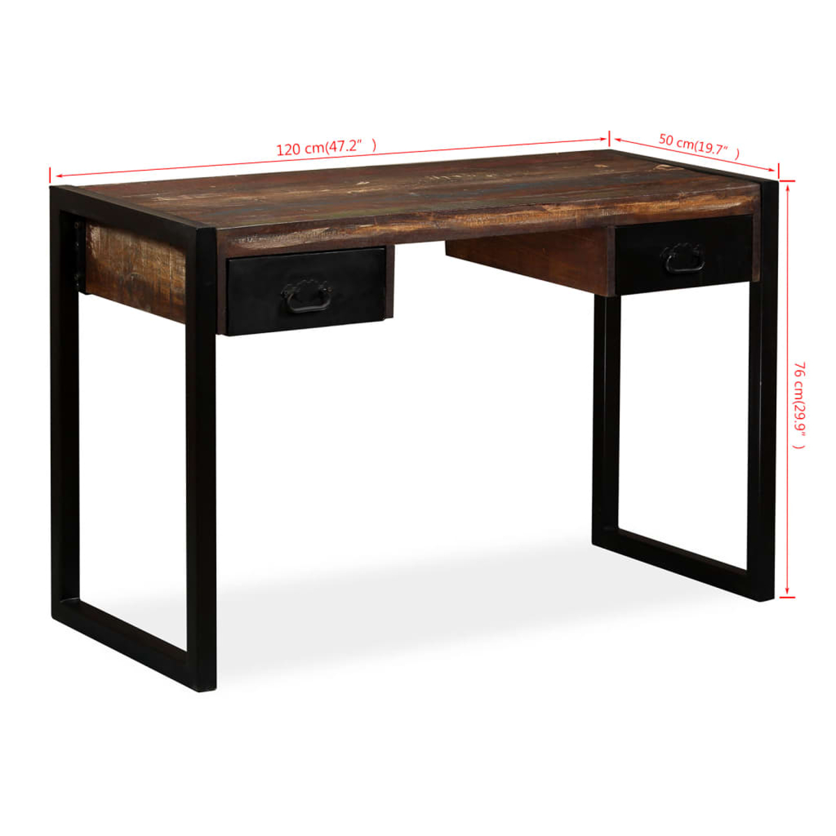 Ein Schreibtisch mit Holzplatte, zwei Schubladen und schwarzen Metallbeinen.
