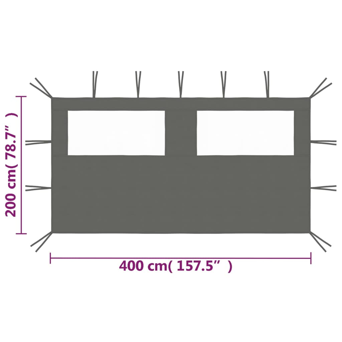 Telo grigio 400x200 cm con due finestre rettangolari e cinghie di fissaggio.