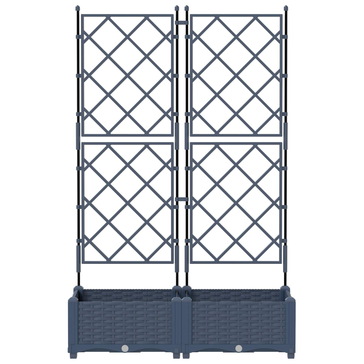 Ein grauer Blumenkasten mit zwei Rankgittern mit Rautenmuster.