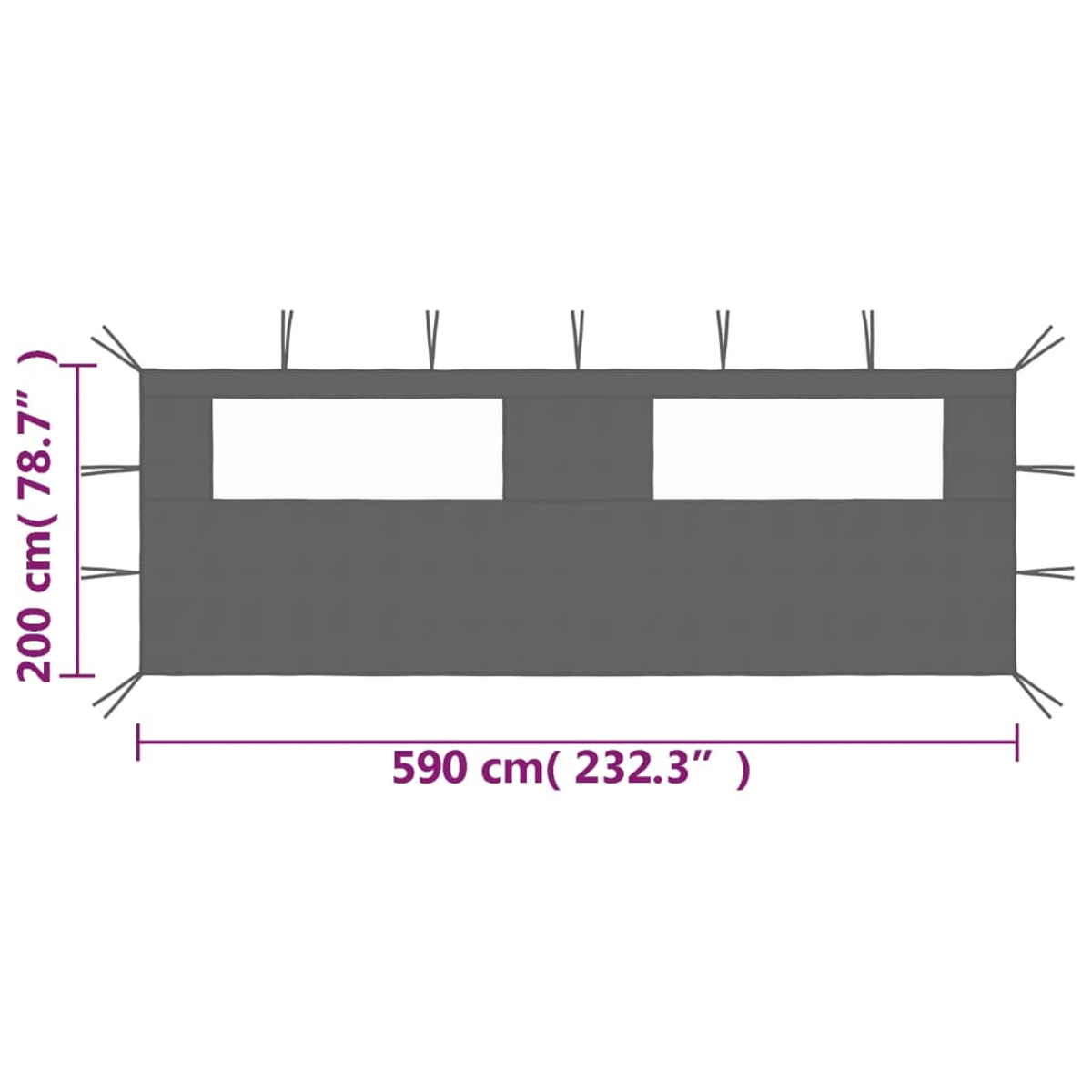 Tendalino grigio con due finestre e cordini di fissaggio. Dimensioni: 590x200 cm.