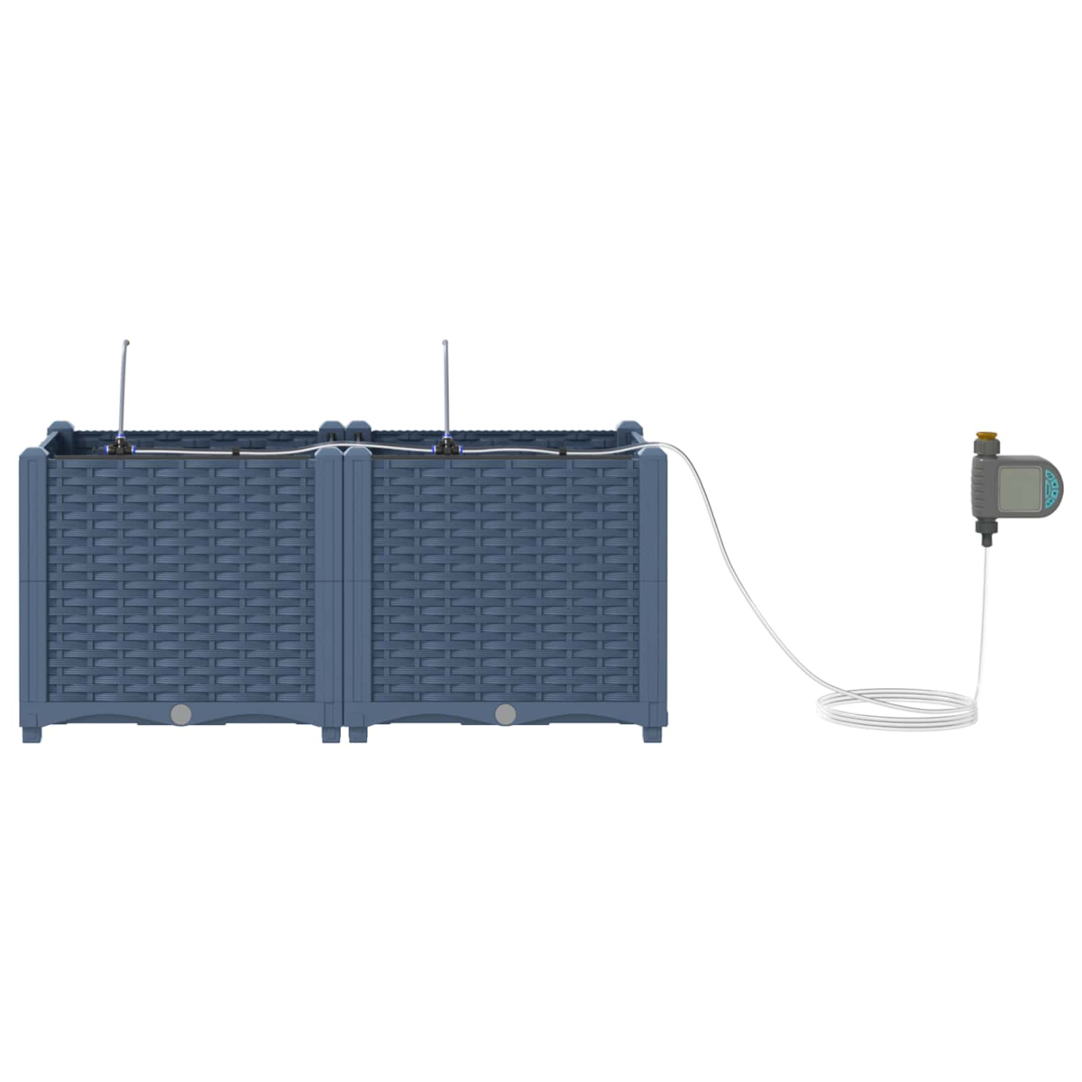 Due fioriere blu con sistema di irrigazione e timer.