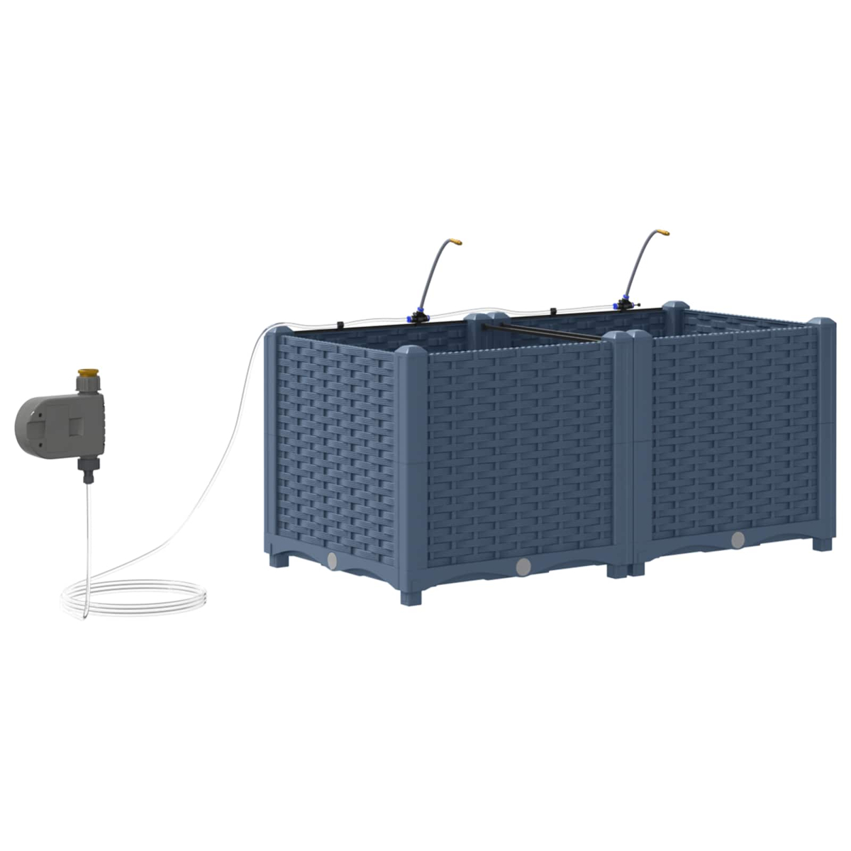 Un irrigatore grigio collegato a due fioriere blu intrecciate.