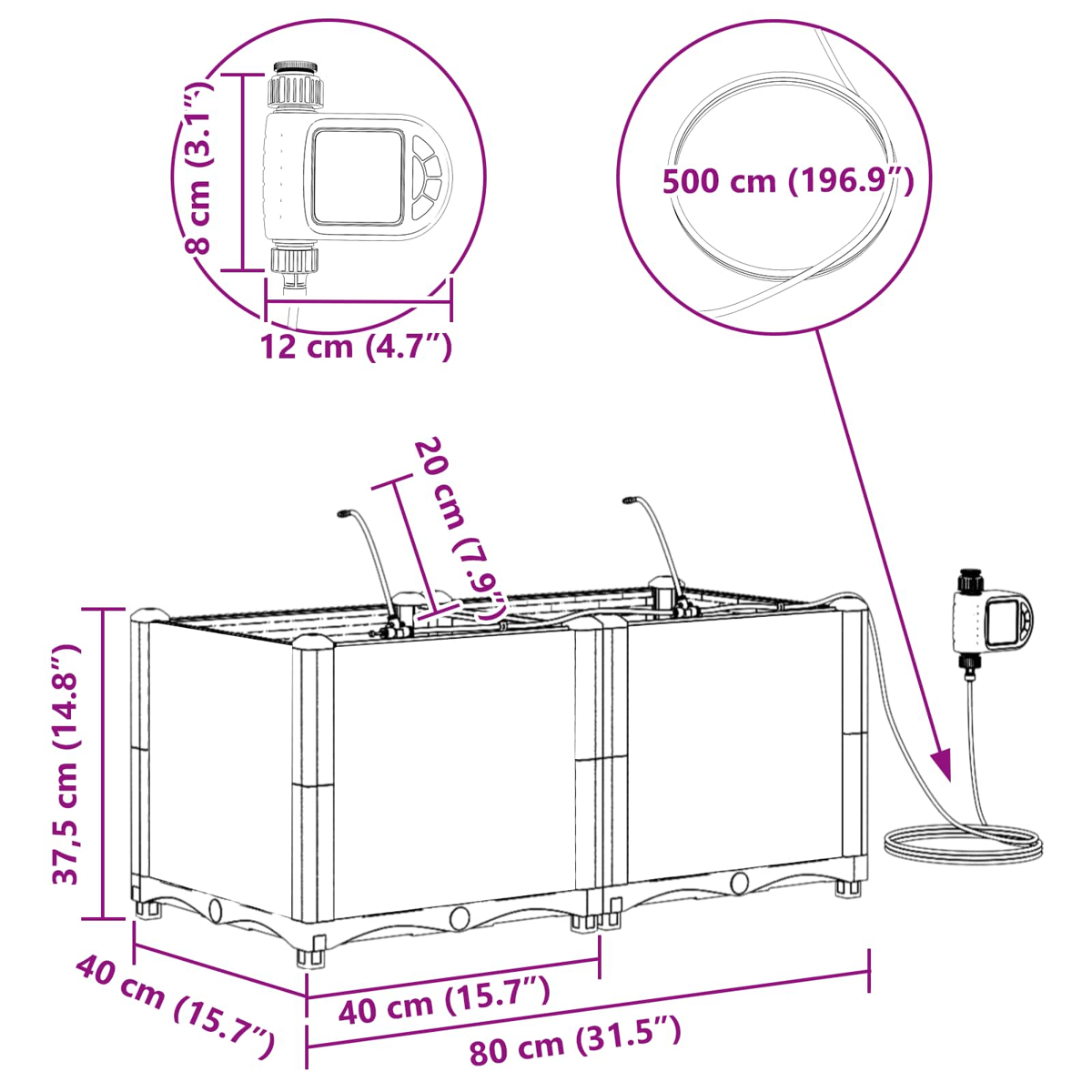 Dimensioni di una piscina rettangolare con sistema di irrigazione e controller.