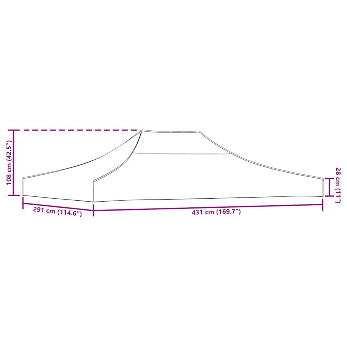 Uno schema di tetto di tenda con dimensioni.