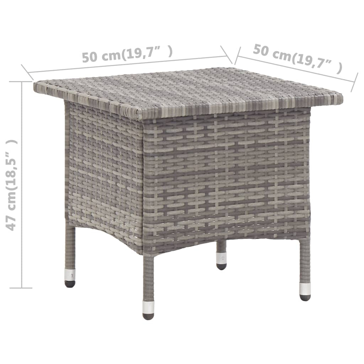 Grauer Rattan-Beistelltisch mit Maßen 50x50x47 cm.