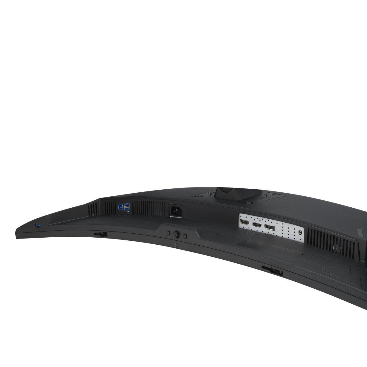 Tył zakrzywionego monitora z portami: USB, zasilanie, HDMI i DisplayPort.