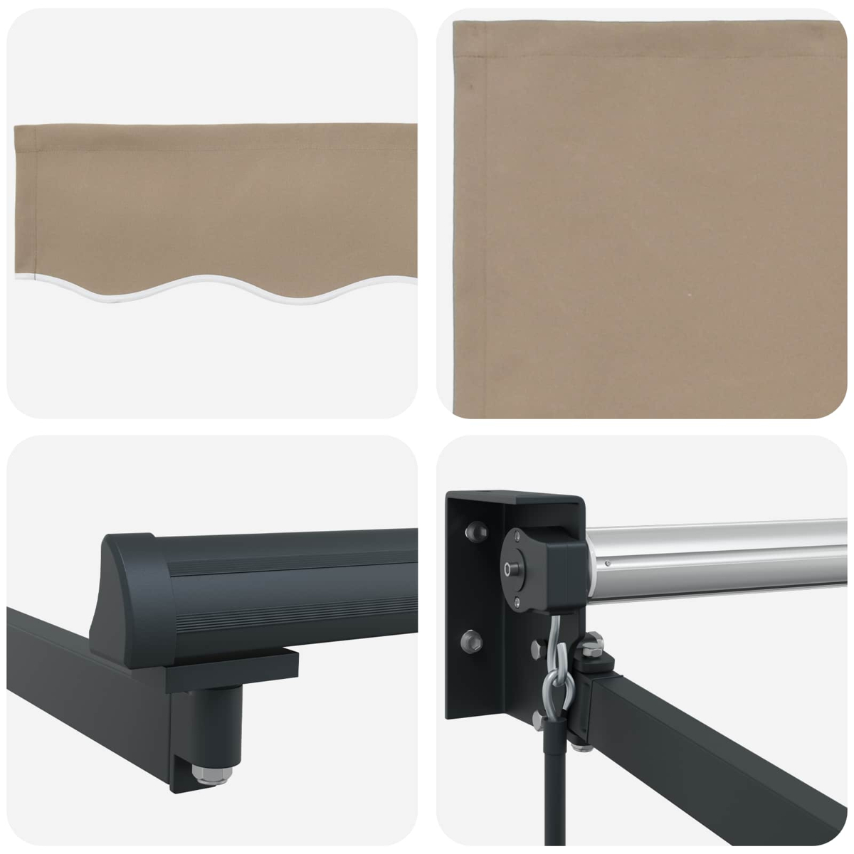 Beige Markise mit Wellenrand oben und dunklen Metallarmen unten.