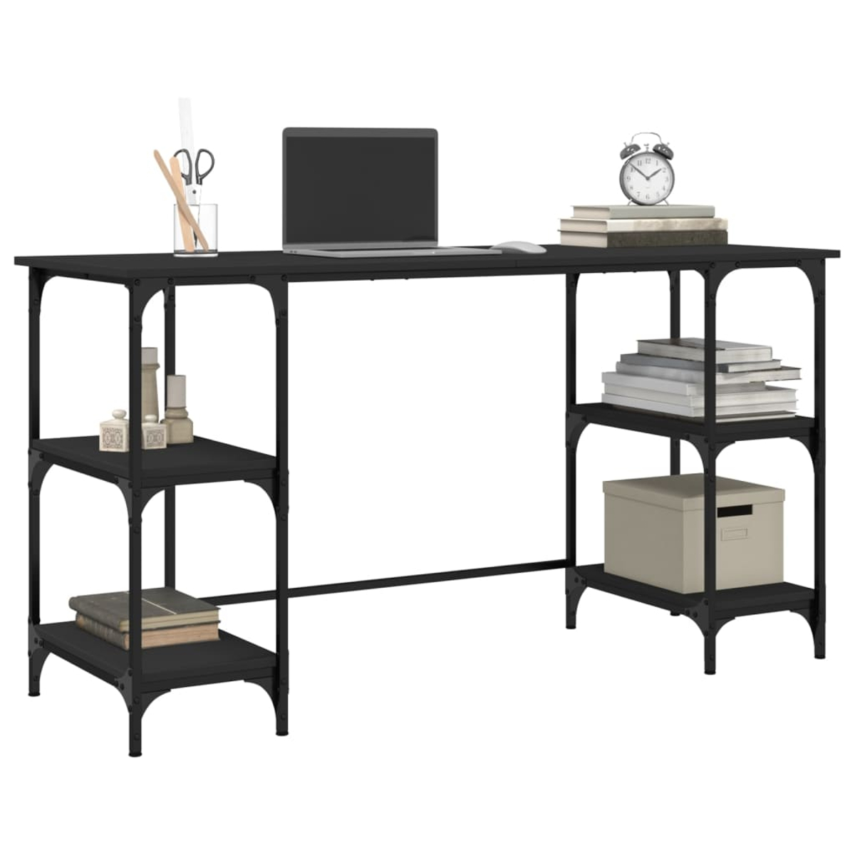 Schwarzer Schreibtisch mit Laptop, Büchern, Wecker und Aufbewahrungsboxen.