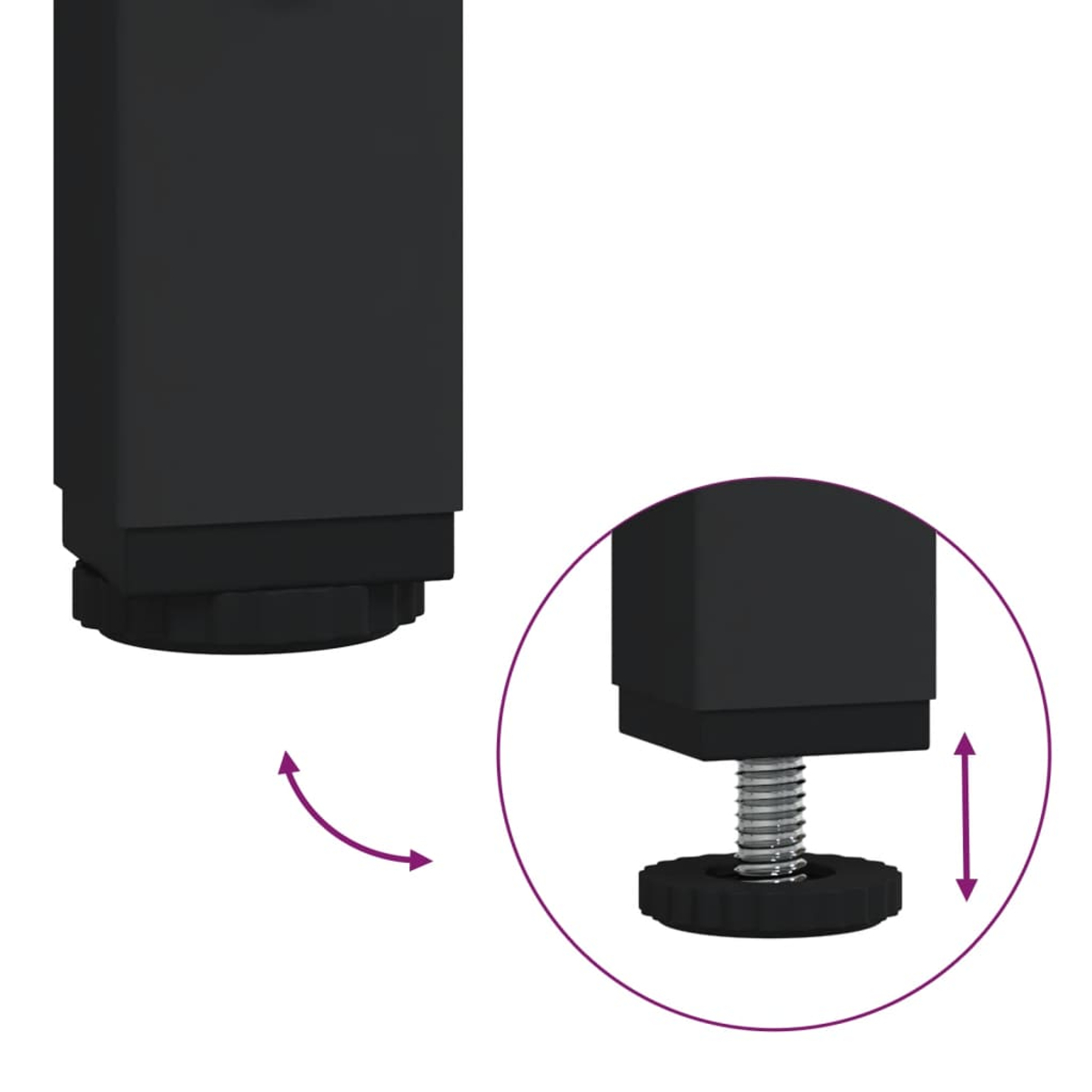 Ein schwarzes Möbelfußende mit verstellbarem Gewindefuß.