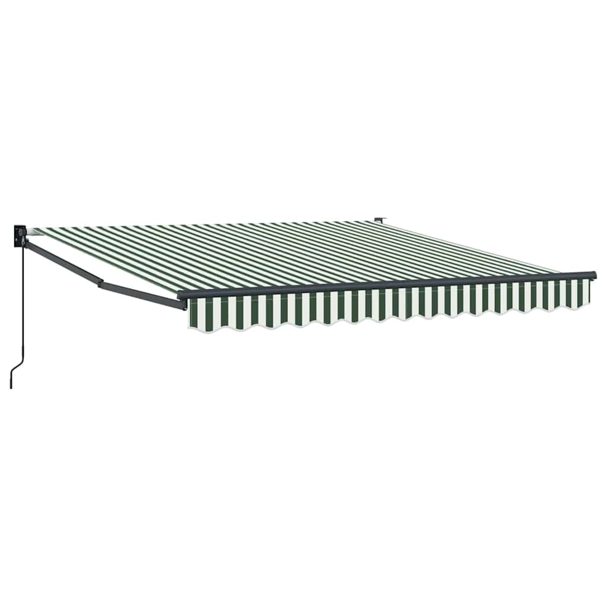 Una tenda da sole estesa con strisce verdi e bianche.