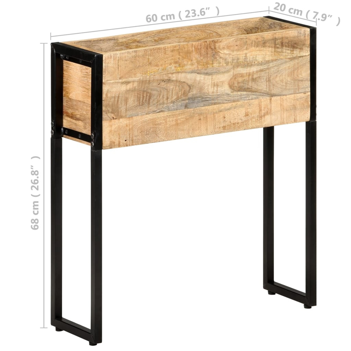 Ein Holzkonsolentisch mit schwarzen Metallbeinen. Maße: 60x20x68cm.