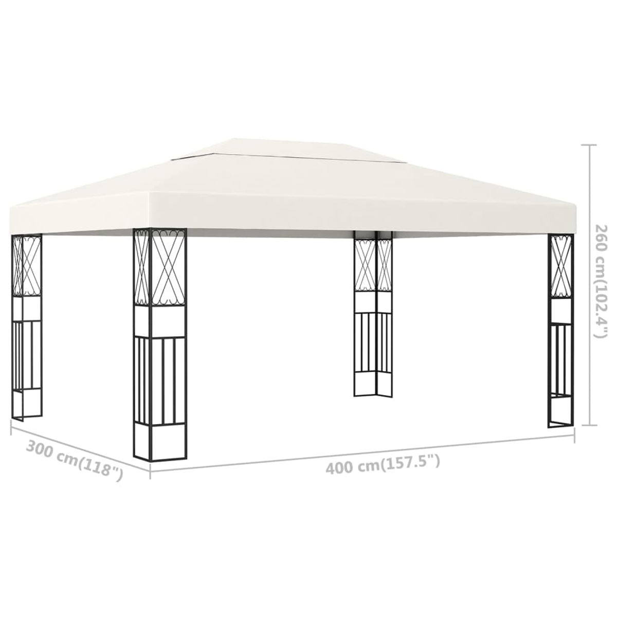 Eine cremefarbene Pavillon mit schwarzen Metallbeinen und Deko-Elementen. Maße gezeigt.