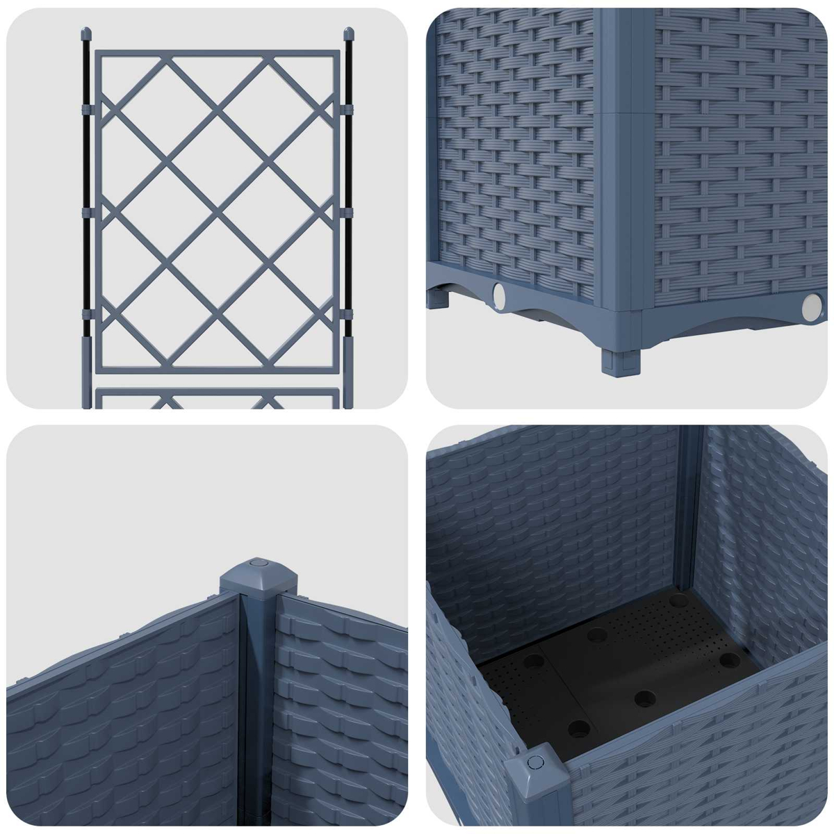 Fioriere blu in plastica effetto rattan con elementi a traliccio.