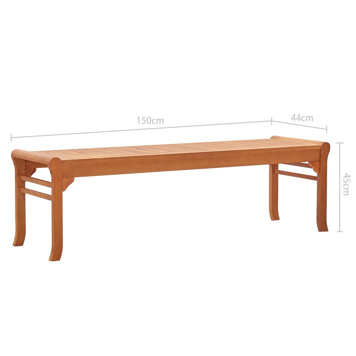Eine hölzerne Gartenbank mit Messungen: 150 cm lang, 44 cm breit, 45 cm hoch.