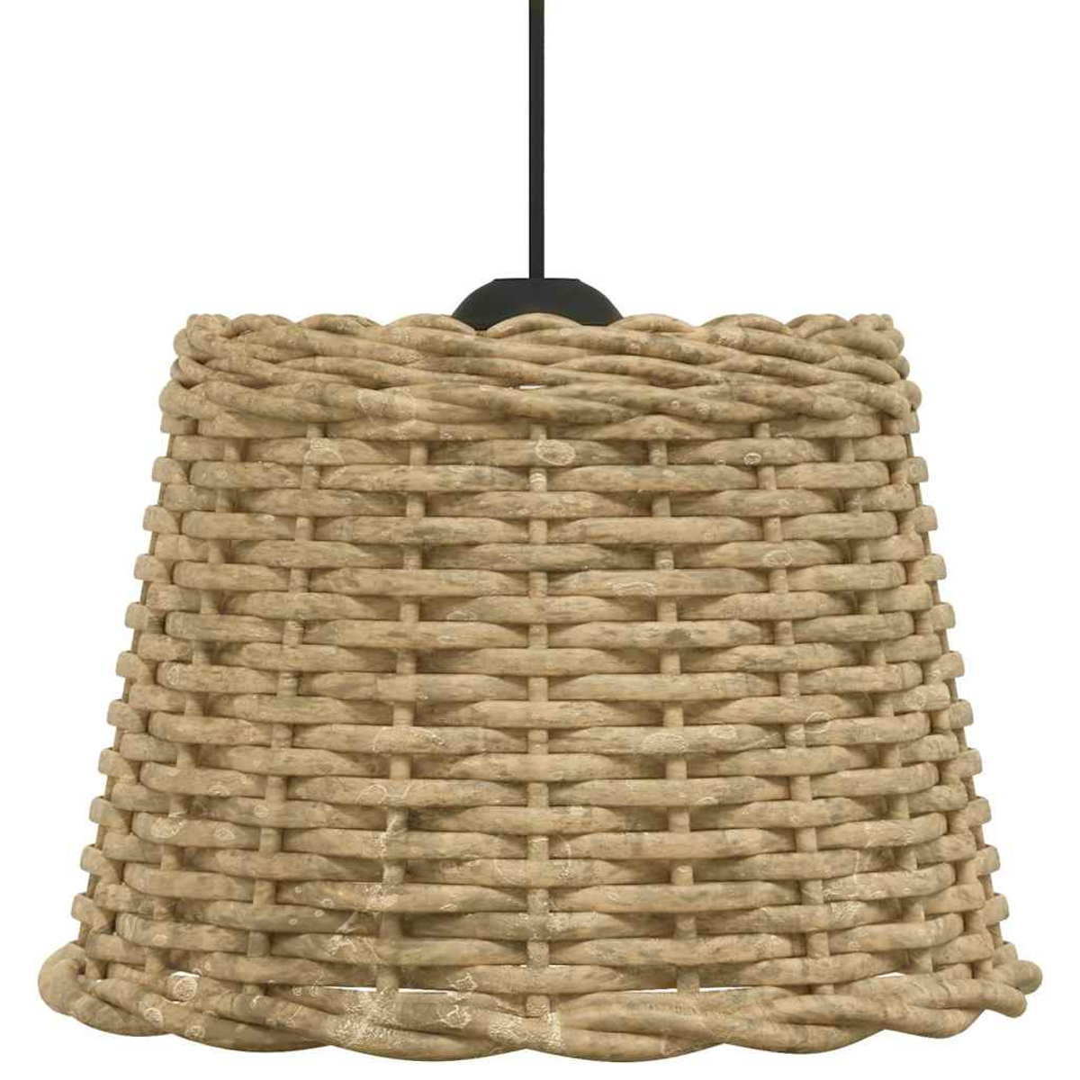 Eine naturfarbene, geflochtene Lampenschirm-Pendelleuchte mit schwarzem Kabel.