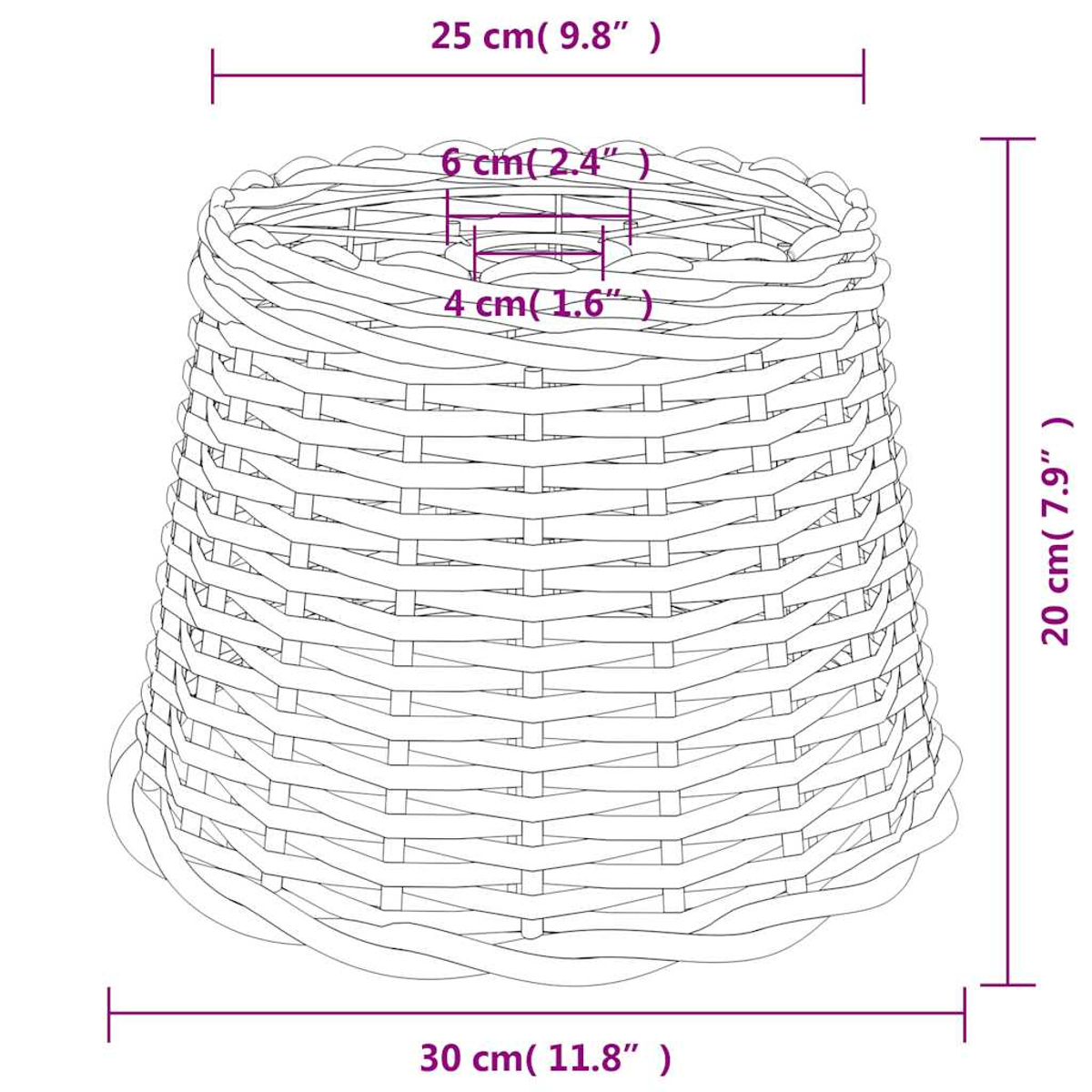 Geflochtener Korb mit Maßen: 30cm (unten), 25cm (oben), 20cm (Höhe).