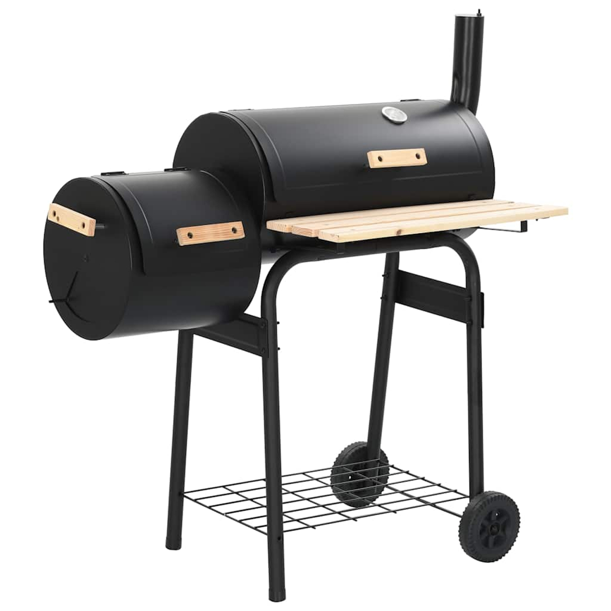 Griglia barbecue nera con ripiano in legno e ruote su sfondo bianco.