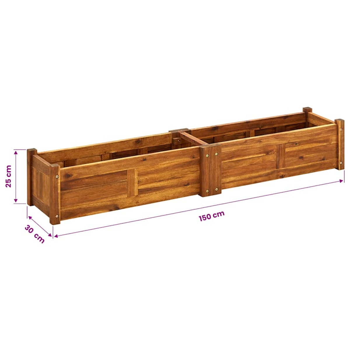 Langer, rechteckiger Holz-Blumenkasten mit Maßen 150x30x25 cm.