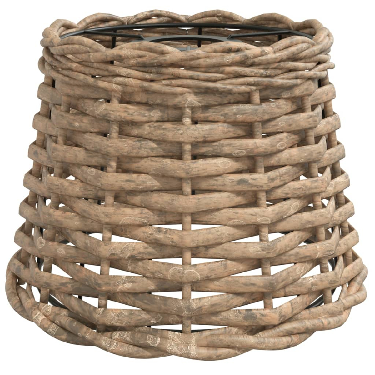 Ein rustikaler, tischähnlicher Lampenschirm aus geflochtenem Rattan.