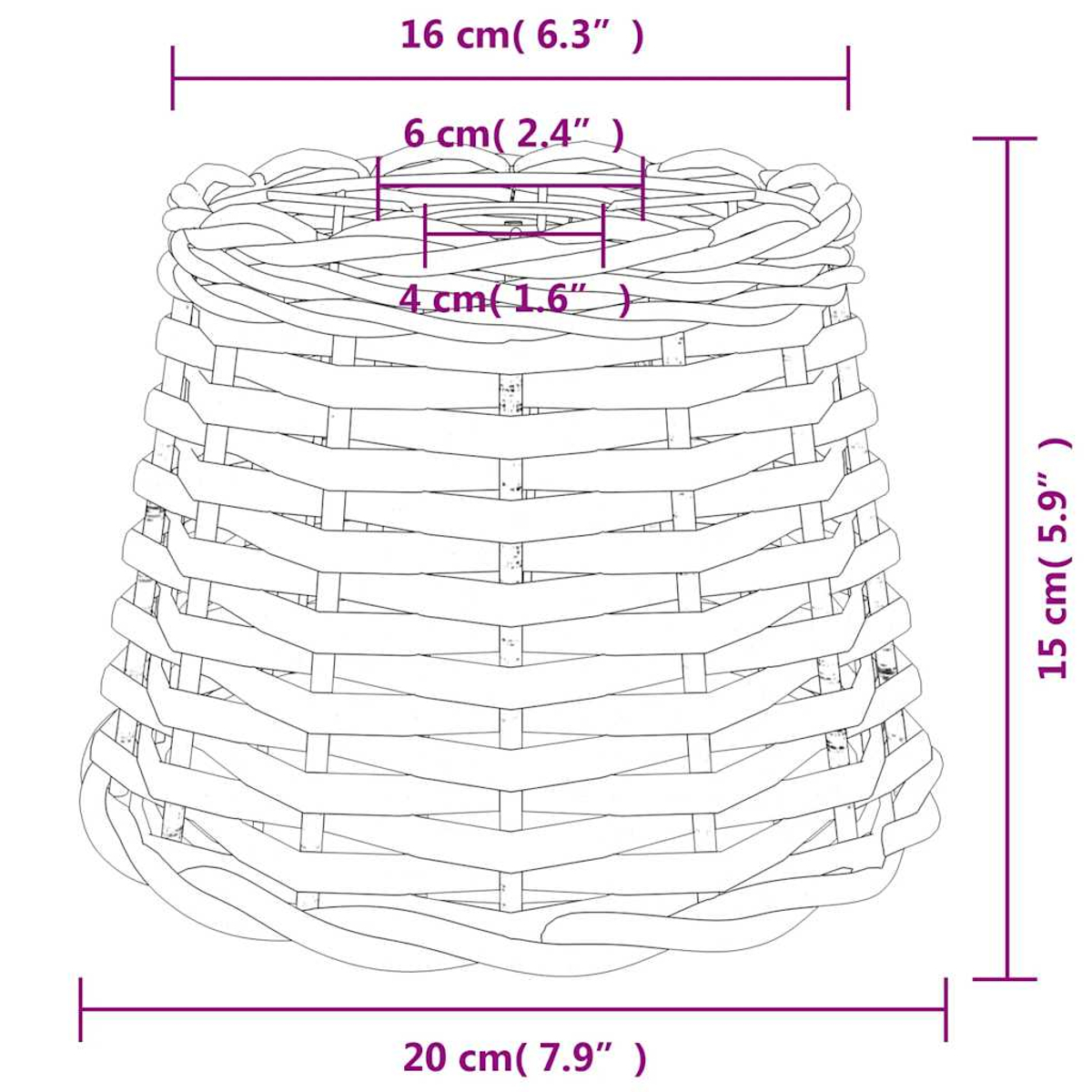 Geflochtener Korb mit Maßen: Höhe 15 cm, oben 16 cm, unten 20 cm.